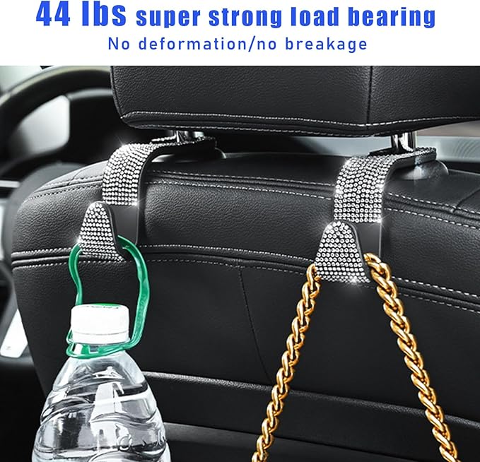 2 PCS Bling Car Seat Headrest Hooks, Crystal Rhinestone Back Seat Hanging Storage Organizer, Vehicle Seat Hanger Holder for Purse Handbag Coat, Interior Car Accessories (White)