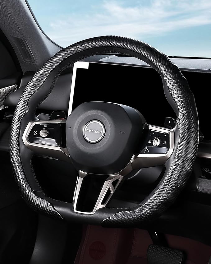 West Llama Flat Bottom Car Steering Wheel Cover,D-Shaped Carbon Fiber Steering Wheel Wrap,Universal 14.5-15 Inch,Fit Cars,SUVs,Trucks(Black-D-Shaped)