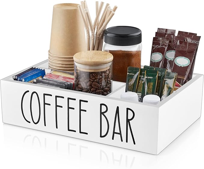 ALELION White Coffee Station Organizer with Removable Dividers – Wooden Coffee Bar Countertop Organizer for Pods, Stirrers, Sugar Packets & Lids, Kitchen, Office, Café Use