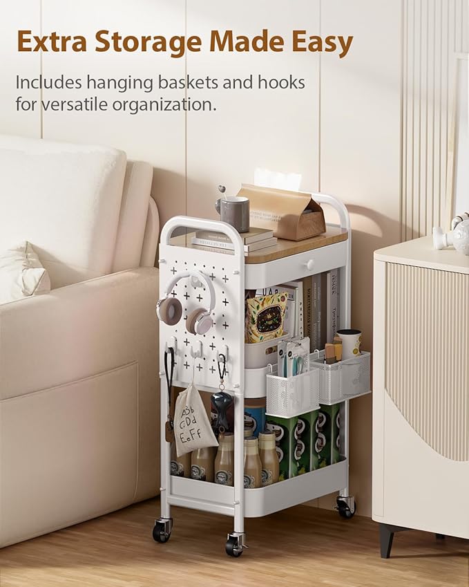ALVOROG Rolling Cart with Drawer and Wood Table Top, 3 Tier Metal Rolling Utility Cart on Wheels with DIY Pegboards, Hanging Baskets, Hooks for Kitchen, Bedroom, Office, Craft Supplies