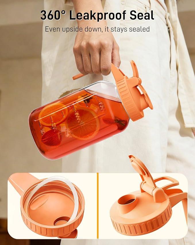 64 oz Glass Pitcher with Lid, Large Wide Mouth Mason Jar with Pour Spout, Orange Sun Tea Glass Jar for Outside, Lemonade Pitcher Great for Drink, Cold Beverages and Breast Milk