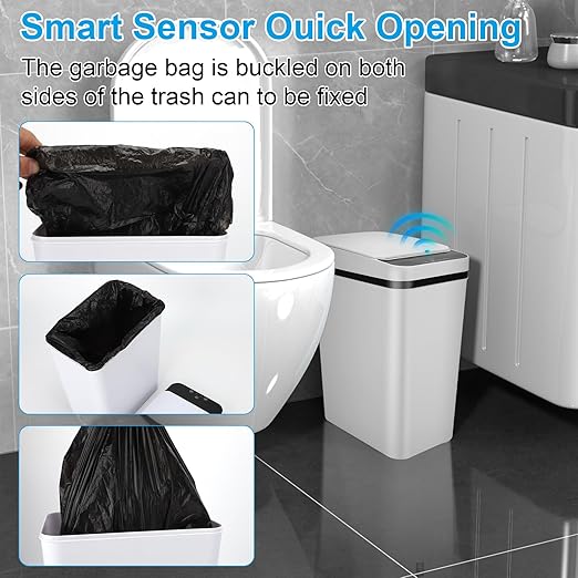 2 Pack Bathroom Trash can,Smart Touchless Trash Can,Automatic Motion Sensor Trash Bin with Lid,2.4 Gallon Garbage Can, Kitchen, Bathroom, Office, Bedroom Trash can (Black+White)