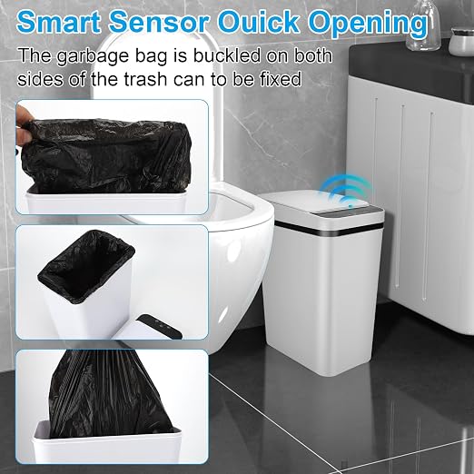 2 Pack Bathroom Trash can,Smart Touchless Trash Can,Automatic Motion Sensor Trash Bin with Lid,2.4 Gallon Garbage Can, Kitchen, Bathroom, Office, Bedroom Trash can (White+White)