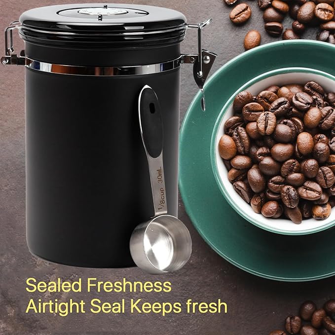 SUEIANNMN1.8L Coffee Canister Airtight, 26oz Coffee Storage Container Stainless Steel Air Tight Coffee Jar with Scoop, Date Tracker, 2 Extra CO2 Release Valve for Beans Ground Tea Flour Sugar (Black)