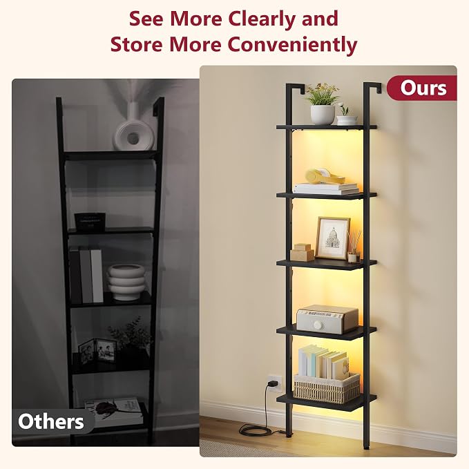 Tajsoon 5 Tier Ladder Shelf with Light, Wooden Wall Mounted Book Shelf, Ladder Bookshelf with Metal Frame, Wall Mounted Ladder Bookshelf for Office, Living Room, Bedroom, Black