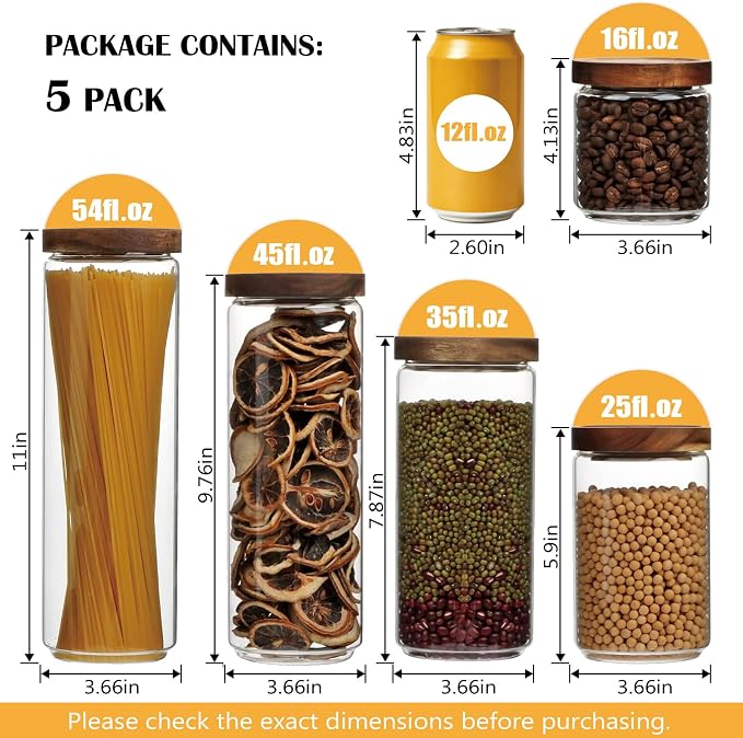 Flrolove Glass Canisters With Wooden Lids Kitchen Jars for Storage,Tea,Sugar and Coffee Container Set,Set of 5 Canisters for Candy, Cookie, Rice and Spice Jars