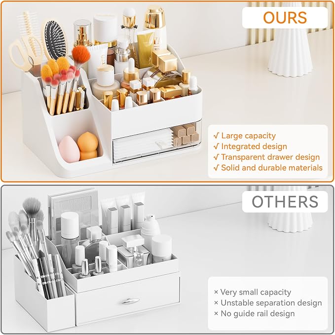 Yieach White Makeup Organizer Countertop,Large Cosmetics Storage Organizer for Make up Brush,Hair Products and Beauty Skincare Organizers,Plastic Makeup Holders and Organizers for Bathroom,Vanity,Desk