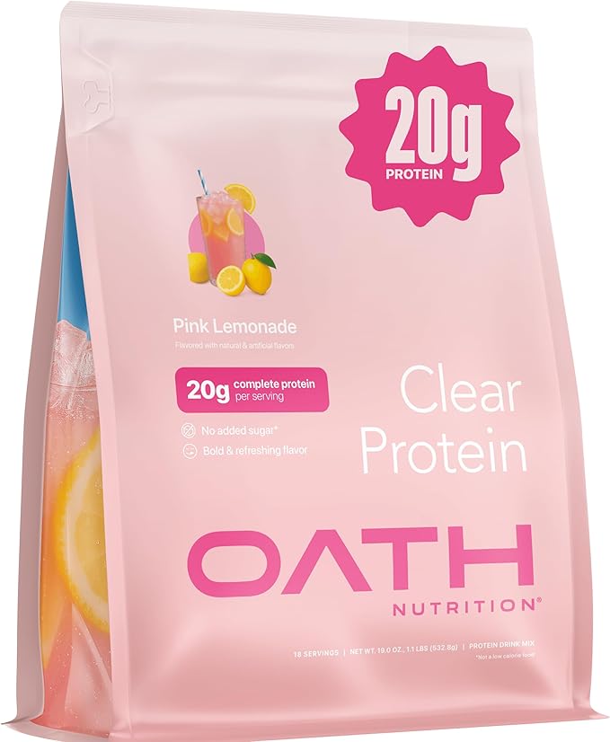 Oath Nutrition Clear Whey Isolate Protein Powder, Pink Lemonade, 20g Complete Protein per Serving, No Added Sugar, Grass-Fed, 18 Servings