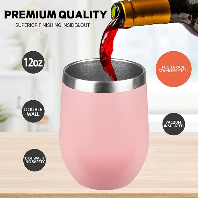 StarSpeed 12oz/6 Pack Wine Tumbler with lid, Stainless Steel Travel Mugs Stemless Double Wall Insulated Coffee Cup, Insulated Wine Glasses Travel Tumbler for Cold & Hot Drinks(Light Pink, 6)