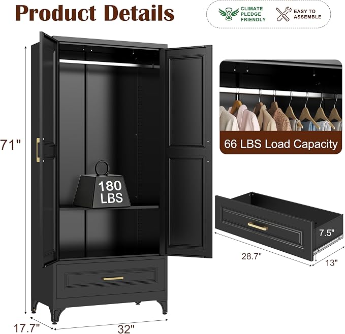SteeLoong 71" Metal Armoire Wardrobe Closet with Drawer,Tall Clothing Storage Cabinet with Adjustable Shelves and Hanging Rod,Black Wardrobe Closet for Bedroom,Home,Office,Gym