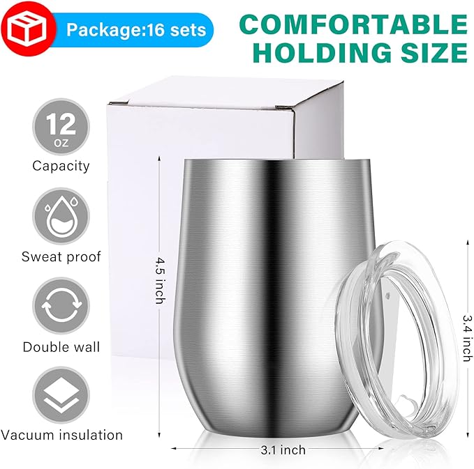 16 Pack Stainless Steel Wine Tumblers 12 oz Insulated Vacuum Wine Cup Set Double Wall Stainless Steel Stemless Mug Glasses for Coffee Soda Whiskey Outdoor Travel (Silver)