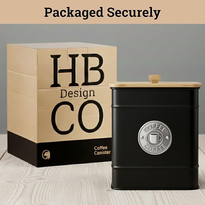 Airtight Coffee Canister - 40 oz Large Iron Black Coffee Container Airtight - 6 x 8 inch Metal Jar - Stylish Countertop Container for Grounds, Beans, Pods & More with Rubber-Lined Bamboo Lid