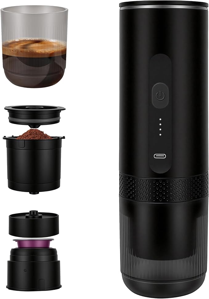 Portable Electric Coffee Maker Espresso Machine, Car Coffee Maker for Travel Self-Heating with USB-C, Battery Powered with 7800mAh, for Ground Coffee & NS Capsule, for RV, Hiking, Office,Gifts for Men