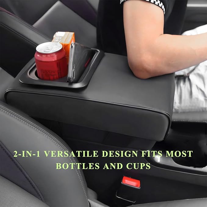 Car Center Console Armrest Pillow, Leather Auto Arm Rest Cover Protector with Cup Holder and Phone Holder, Memory Foam Armrest Cushion for Most Vehicles (Black, Glossy)