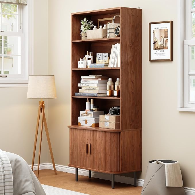 ONBRILL 71" Tall Bookshelf, 4-Tier Bookcase with Storage Cabinet & Adjustable Storage Shelf, Freestanding Wood Bookshelf with Sliding Door and Adjustable Footpad, for Home Office, Living Room, Walnut