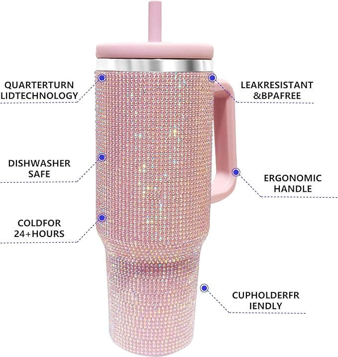 40-OZ Insulated Water Bottle,Insulated Stainless Steel Tumbler,Reusable Cold Drink Thermos,BPA-Free, Double-Wall Stainless Steel Water Bottle (Lilac Purple-Diamond, 40, Fluid Ounces)