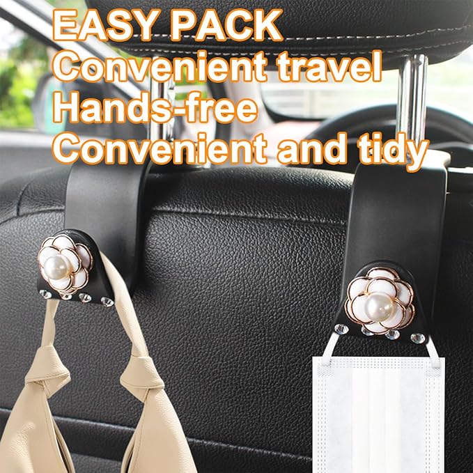 Bling Car Seat Headrest Hook, 2PCS Crystal Rhinestone Vehicle Purse Bags Holder, Diamond Automotive Interior Backseat Storage Hanger Accessories, Universal for SUV, Sedan, Truck (White)