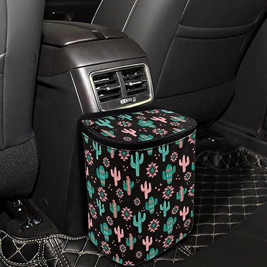 Green Cactus Aztec Car Trash Can Mini Auto Garbage Bin with Lid Lightweight Hanging Car Rubbish Bags for Back Front Seat