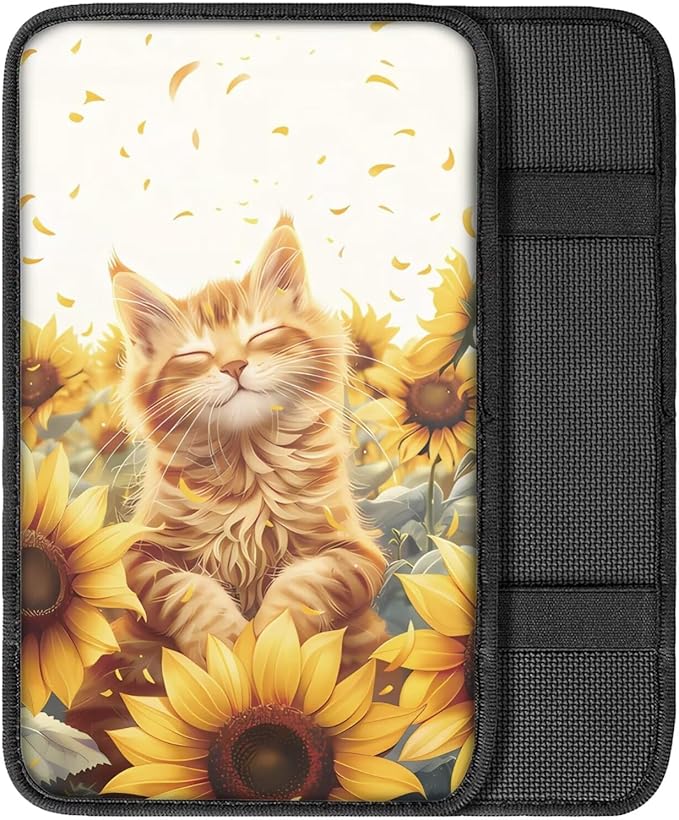 Floral Cat Car Center Console Cushion Pad Decorative Cute Armrest Box Cover Center Console Pad Non Slip SUV Vehicle Automotive Interior Decoration for Women