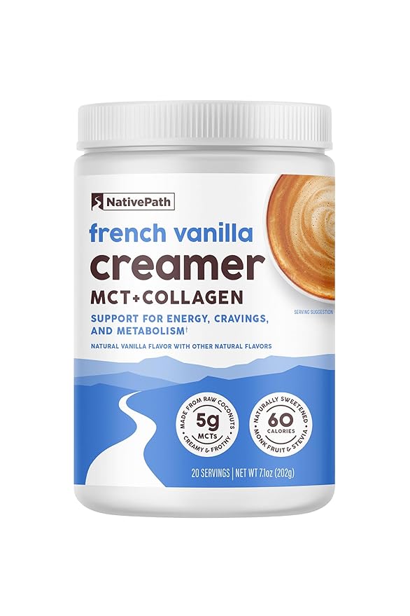 NativePath French Vanilla Keto Coffee Creamer, 20 Servings - Collagen & MCT Oil Powder, Sugar Free, Non-Dairy - Grass-Fed, Monk Fruit Sweetened, Soy & Gluten Free (7.1 oz)