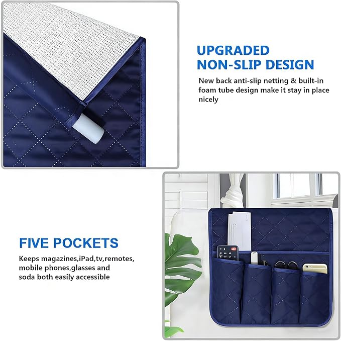 Armchair Caddy for Recliner, Couch Caddy Storage Organizer with 5 Pockets, Non Slip Sofa Arm Organizer for Remote Controls, Phone, Magazines, Tablet (Blue)