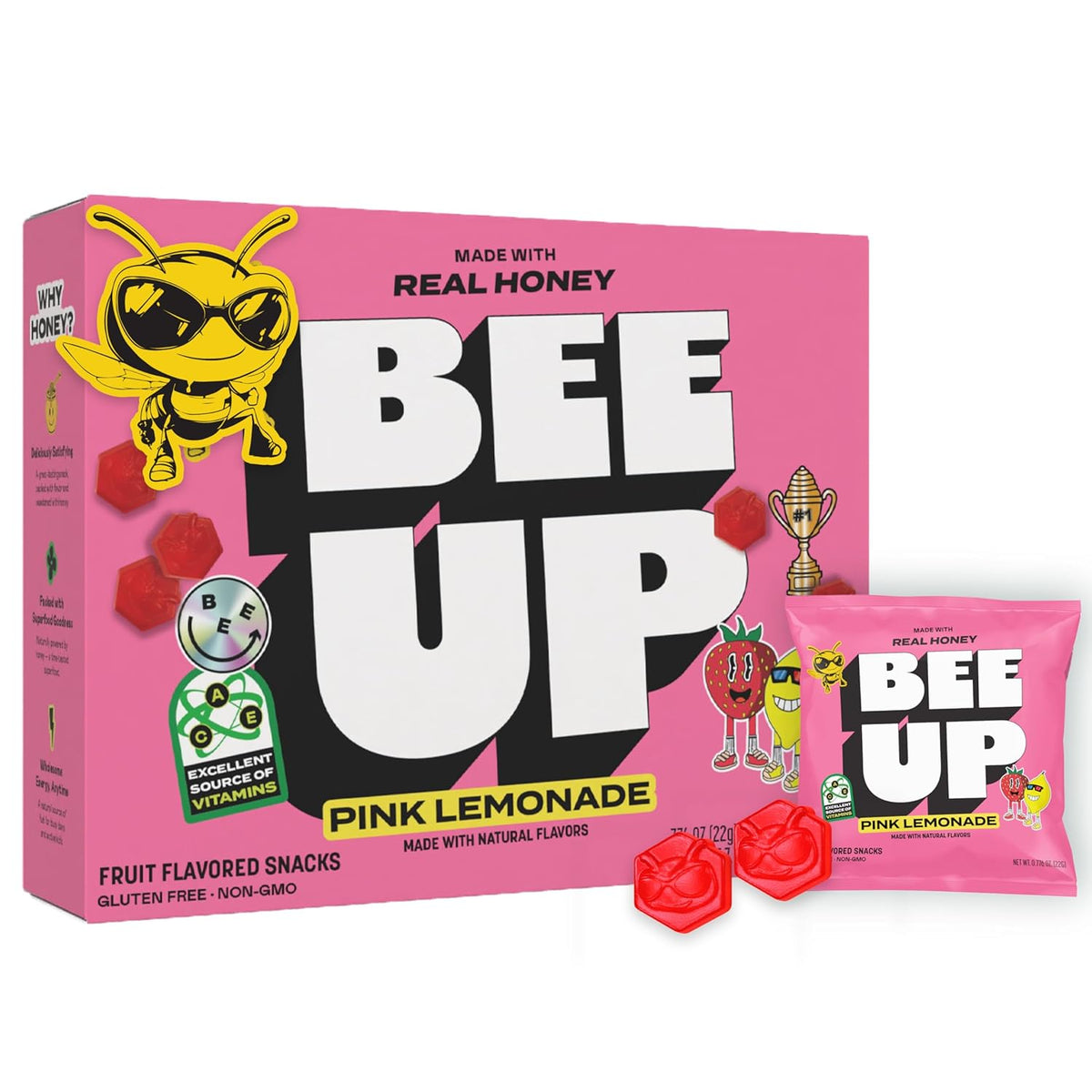 BEEUP Honey Fruit Snacks – With a Teaspoon of Honey in Every Pouch – Dye Free, No Corn Syrup – Individually Wrapped Fruit Snack Packs for School, Sports, Soccer – Pink Lemonade (Pack of 10)