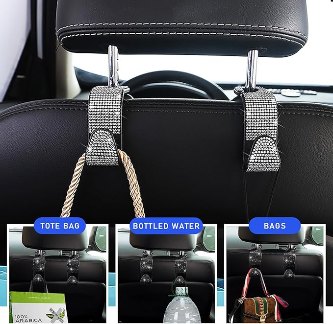 2 PCS Bling Car Seat Headrest Hooks, Crystal Rhinestone Back Seat Hanging Storage Organizer, Vehicle Seat Hanger Holder for Purse Handbag Coat, Interior Car Accessories (Black)