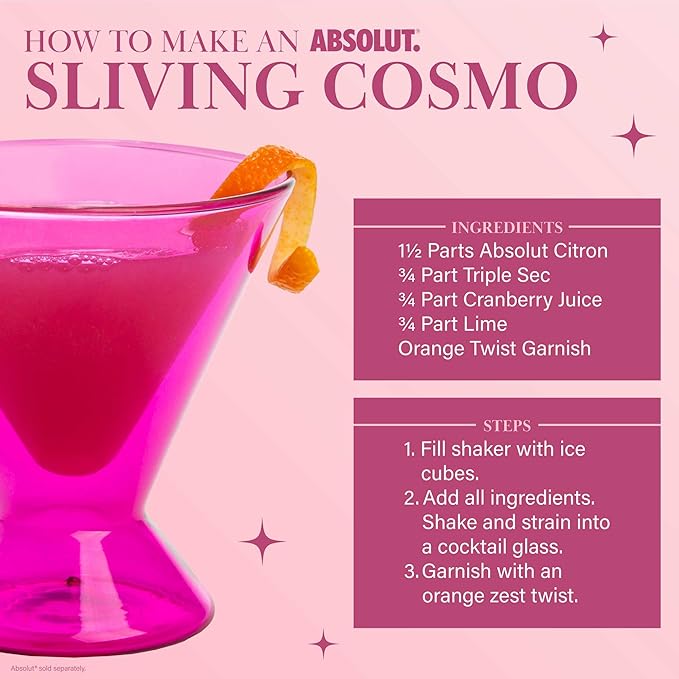 Paris Hilton 2-Piece Martini Glass Set, Double Wall Glass Design, Great for Martinis, Cocktails, Cosmopolitans, Margaritas, 7-Ounce, Hot Pink