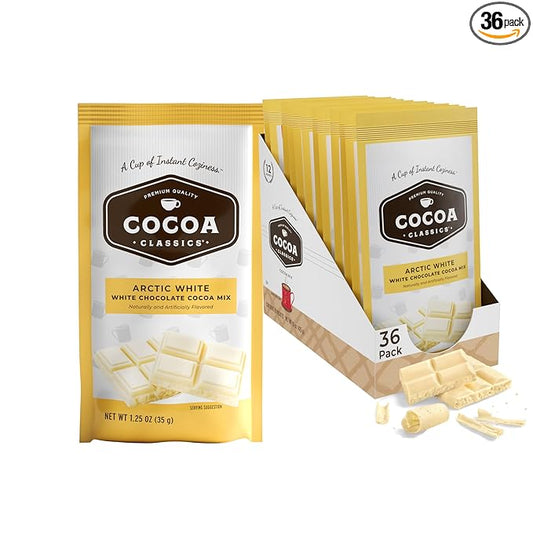 Cocoa Classics Arctic White Cocoa Mix, Hot Chocolate, Made with Nonfat Milk, Just Add Hot Water, Make Hot or Iced Cocoa, Gluten Free, 1.25oz Packets (Pack of 36)