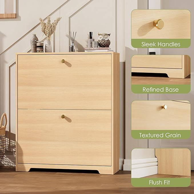 Nicetree Shoe Storage Cabinet with 2 Flip Drawers, Slim Shoe Cabinet, Hidden Shoe Rack Cabinet, Shoe Storage Cabinet for Entryway, Hallway, Foyer, Natural Oak