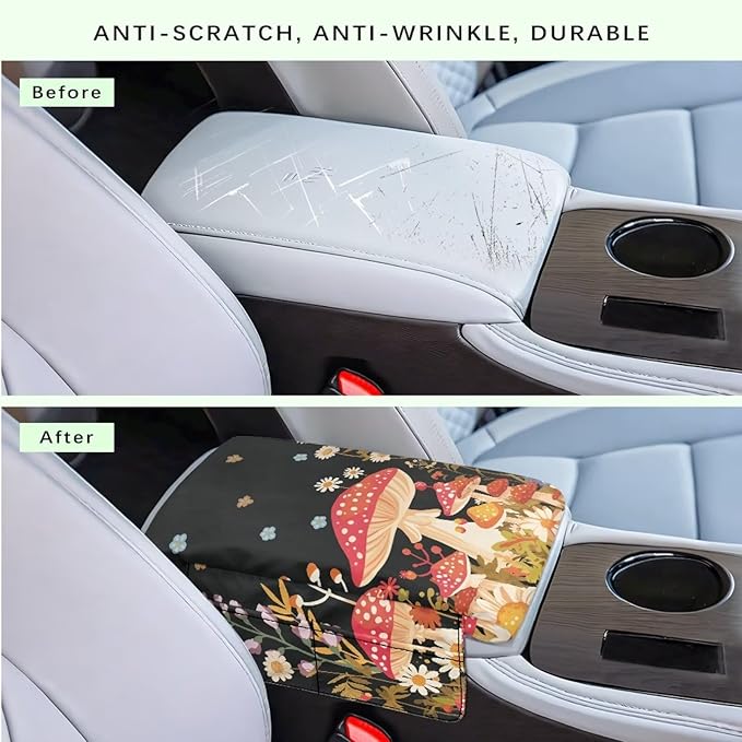 Dreaweet Center Console Cover Mushroom Cute Car Accessories for Women,Car Console Covers with Pockets,Universal Armrest Cover Soft Comfy Arm Rest Pad for Most Cars SUV Sedan