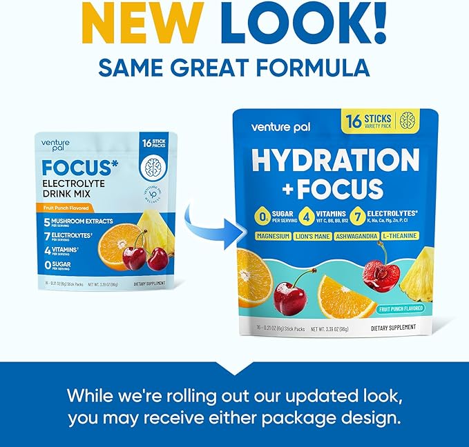Venture Pal 2-in-1 Hydration Packets + Focus Support Electrolytes Powder, 7 Electrolytes + Vitamins, Magnesium, Lion's Mane & L-Theanine | Sugar Free Liquid Daily IV Drink Mix, Vegan, Keto, 16 Sticks