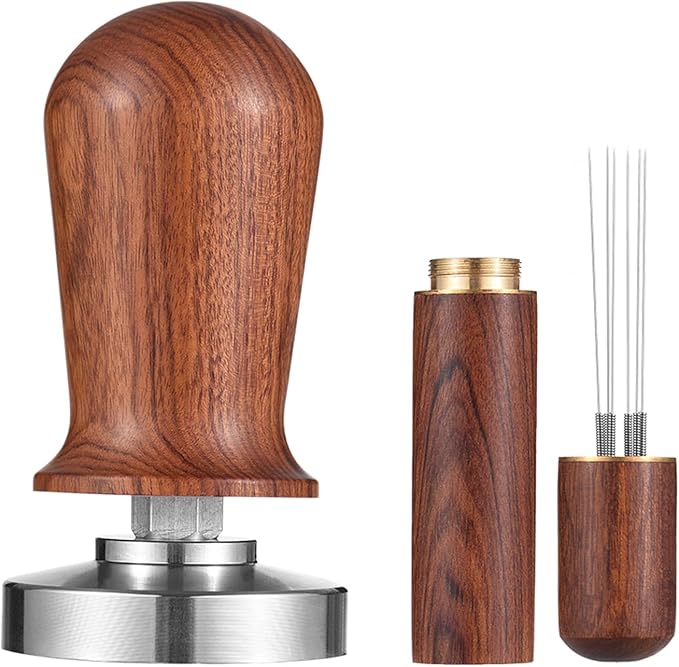 51mm Espresso Tamper & Stirrer Set Coffee Calibrated Tamper with Excellent Quality Spring Loaded Flat 304 Stainless Steel Base Barista Wooden Handle Press and WDT Tool for Espresso Machine Accessories