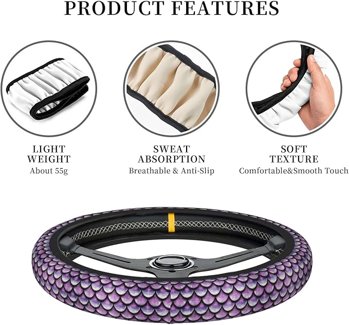 Purple Mermaid Scales Neoprene Steering Wheel Covers Women Men Car Accessories, Universal 15 Inch Fit Auto, Suvs, Truck