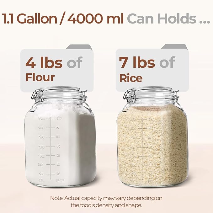 ComSaf 1 Gallon Square Glass Jars with Airtight Lids (135oz, Set of 2), Extra-Wide Mouth Canisters with Measurement Marks for Bulk Flour Storage, Fermenting Kombucha & Pickling