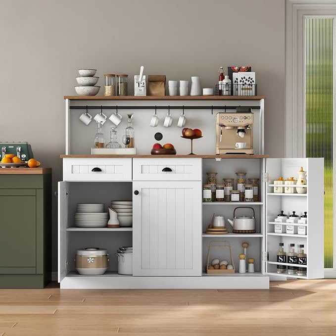Sideboard Buffet Cabinet with 2 Drawers, Farmhouse Kitchen Pantry with Adjustable Shelves, Coffee Bar Cupboard Cabinet with 3 Doors for Kitchen, Dining Room (White)