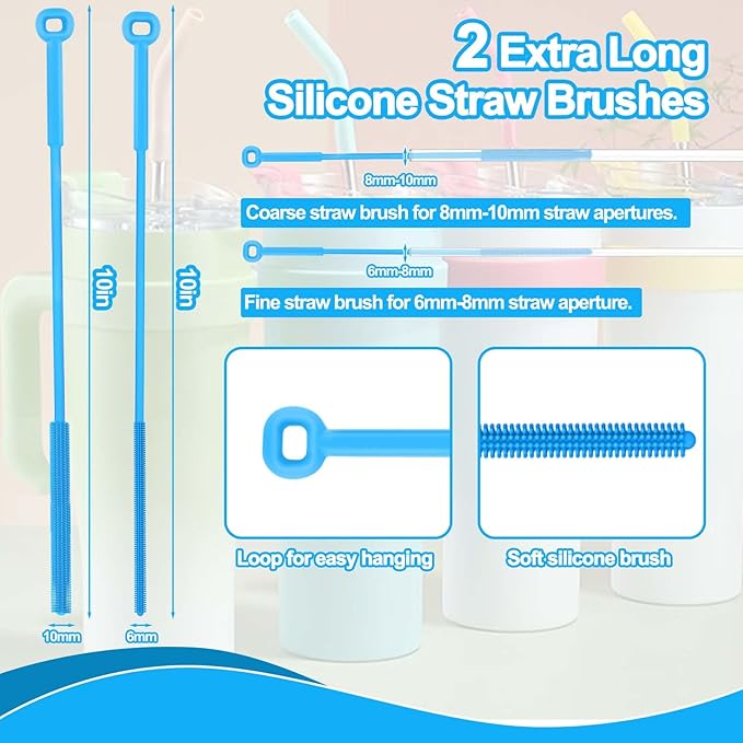 XANGNIER Silicone Straw Cleaner Brush,2 Pcs Reusable Extra Long Straw Cleaner Brush for Cleaning Plastic Metal Stainless Steel Glass Boba Clear Smoothie Travel Drinking Straws,Straw Cover