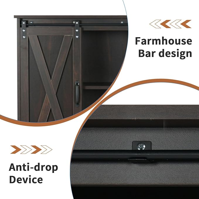 4 EVER WINNER Coffee Bar Cabinet with Sliding Barn Doors, 42” Sideboard Buffet Cabinet with Storage, Farmhouse Coffee Bar Station Table Liquor Wine Bar with Shelves for Kitchen, Espresso