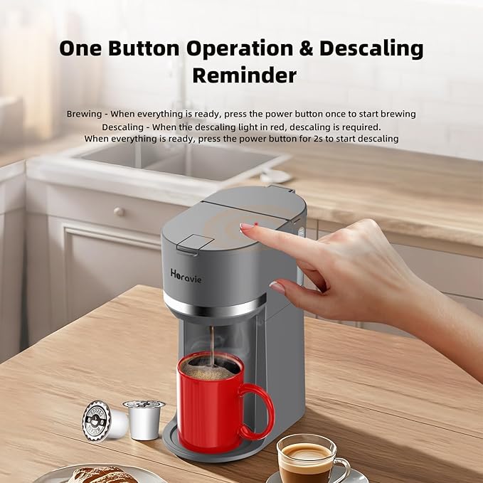 Mini Single Serve Coffee Maker for K Cup Pods and Ground Coffee, Fast Brew One Cup Coffee Machine with Descaling Reminder and Water Window, 6 to 12 oz. Brew Sizes, Gray