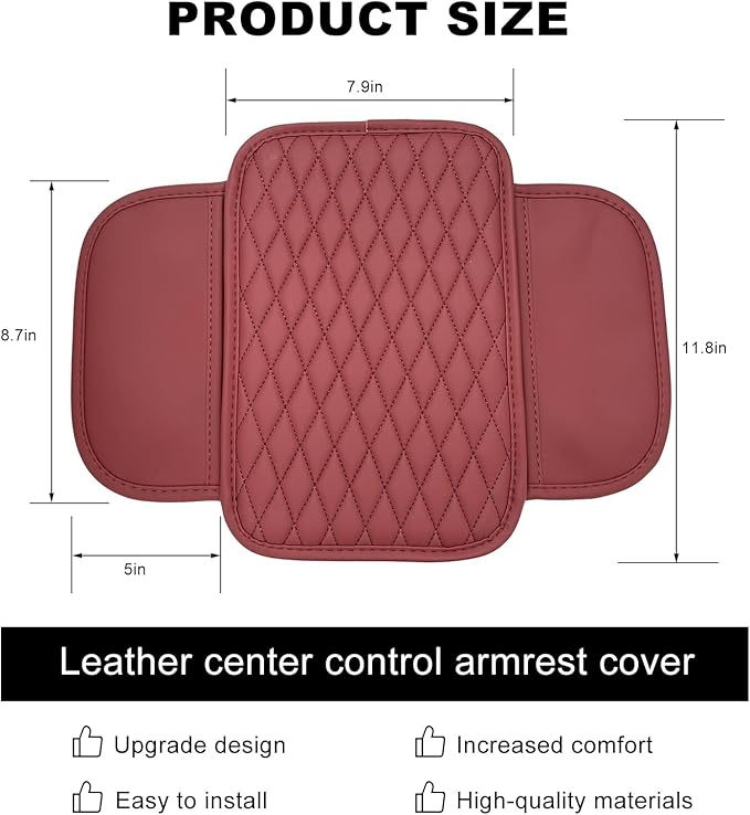 Car Center Console Cover, Waterproof Leather Arm Rest Cushion Pad with 2 Storage Bags, Anti-Scratch Armrest Seat Box Protector Interior Accessories for Most Vehicles (Red)