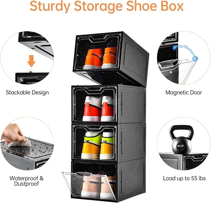 Stebopum 12 Pack Shoe Boxes Organizer, Magnetic Door Shoe Storage Boxes, Clear Sneaker Storage Box for Women/Men, Fit up to US Size 12