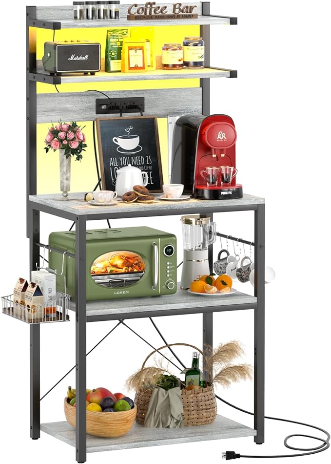 Aheaplus Bakers Rack with Power Outlet, Microwave Stand, 5 Tiers Coffee Bar Station with Led Lights, Kitchen Storage Shelf with 6 S-Shaped Hooks, Kitchen Rack for Spices, Pots and Pans, White Oak