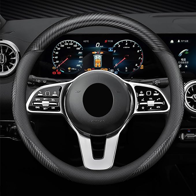 Universal Fit Leather Steering Wheel Cover Anti-Slip Auto Wheel Cover Car Wheel Protector Car Accessories Fit for Suvs,Trucks,Sedans,Cars,Vans (Black-B-M, Standard Size[14 1/2''-15''])