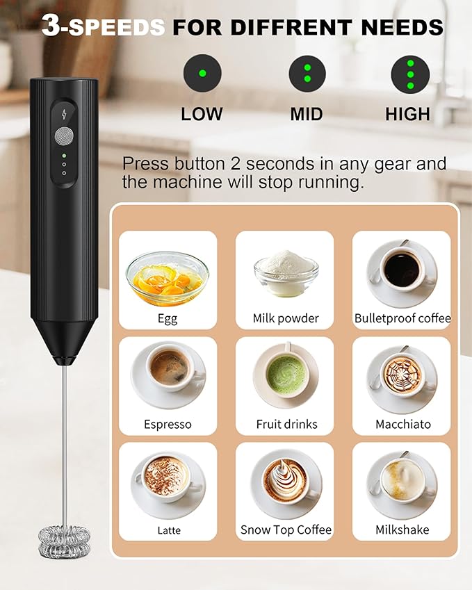 Rechargeable Milk Frother With Cover, Handheld 3-Speed Coffee Frother, Dual Spring Whisk Electric Frother Wand For Coffee, Latte, Cappuccino, Frappe Drink, Hot Chocolate, Black