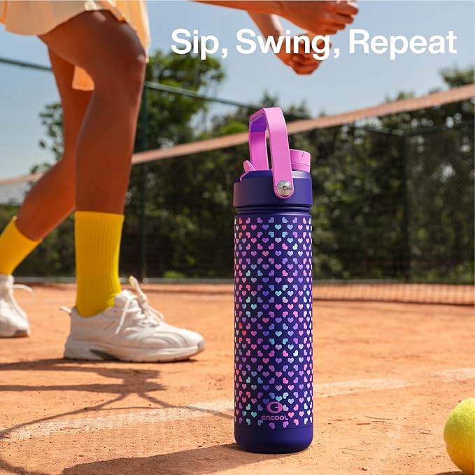 ENCOOL Insulated Water Bottle with Straw Stainless Steel Water Bottle, Glow in the Dark, Leak-Proof, BPA-Free, Keeps Cold for 24 Hours for Sports, Travel, School (26 oz, Heartfield)