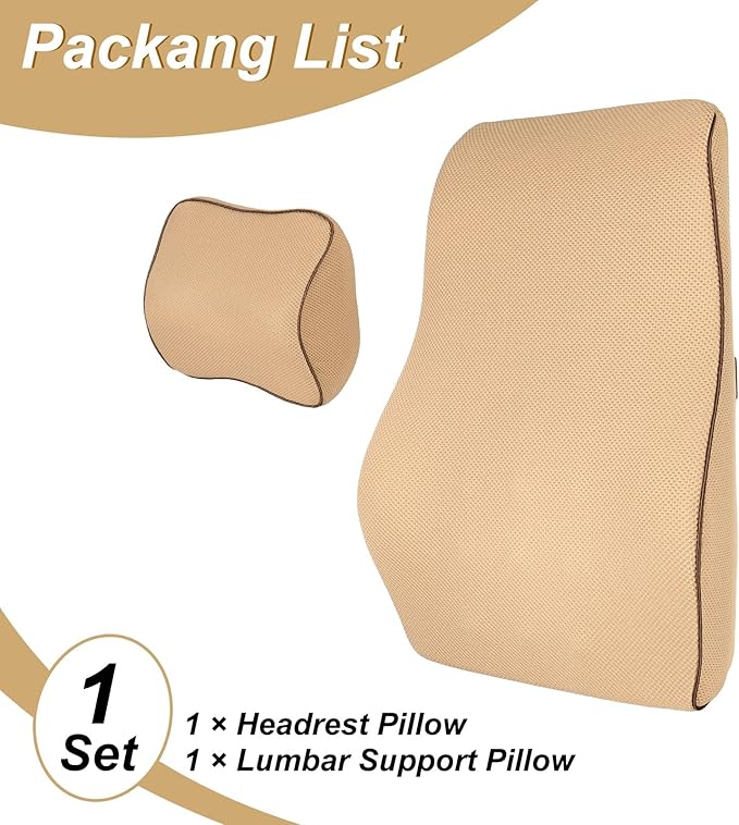 HARFINGTON Car Headrest & Lumbar Support Pillow Kit Memory Foam Ergonomic Seat Headrest & Lumbar Cushion for Driving Office Car Seat, Camel