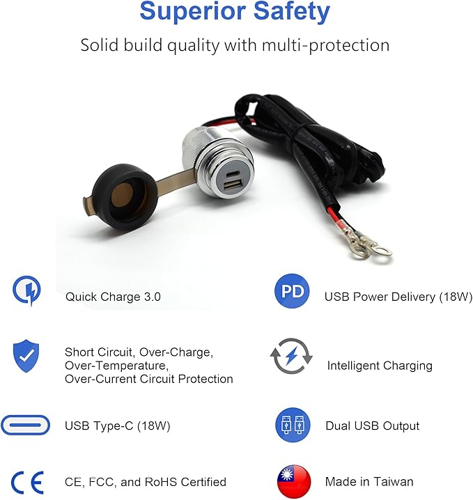 Cliff Top 12V USB Outlet 12 Volt USB Outlet RV USB Outlet 12V Wall Mount 36W PD USB-C and QC 3.0 Magnetic Power Switch Marine 12V Power Outlet Boat Phone Charger - Prevent Battery Drain - Silver