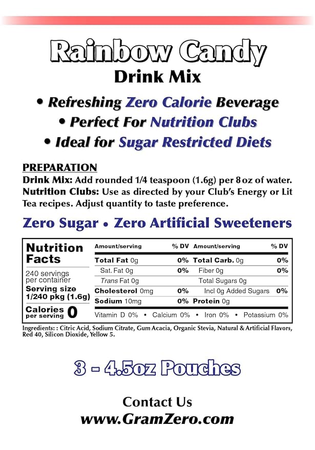 GramZero Rainbow Candy Zero Calorie Sugar Free Drink Mix, Great For Nutrition Club Loaded Teas, Stevia Sweetened
