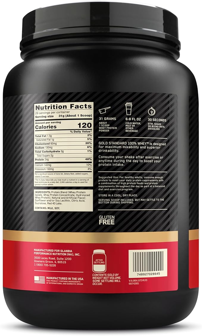 Optimum Nutrition Gold Standard 100% Whey Protein Powder, Delicious Strawberry, 2 Pound (Packaging May Vary)