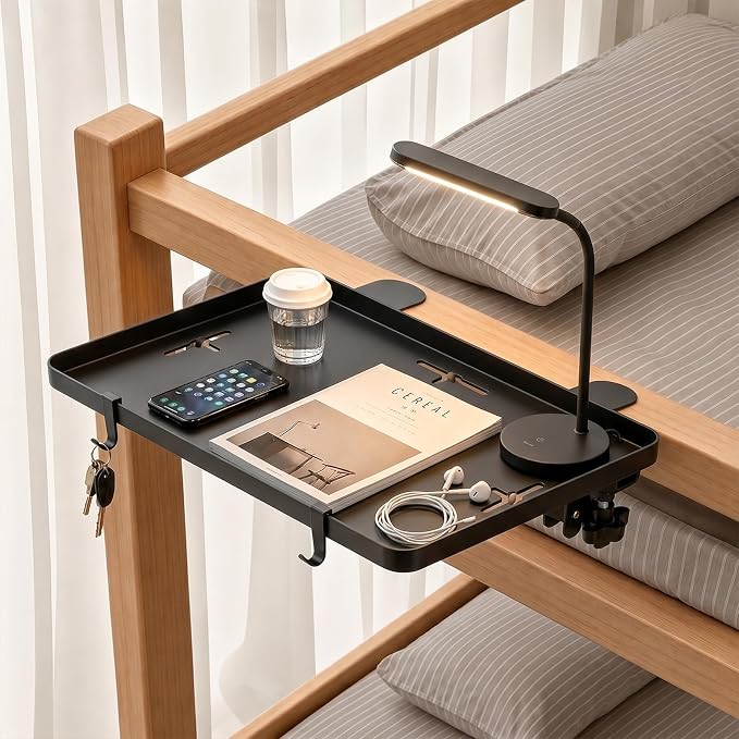 Bedside Bunk Bed Shelf for College Dorm Essentials, Bedside Caddy with Cable Catch & Bedside Organizer, Floating Nightstand for Bed Room, Office, Dorm Room, Metal Beside Tray, Bed Table, Black
